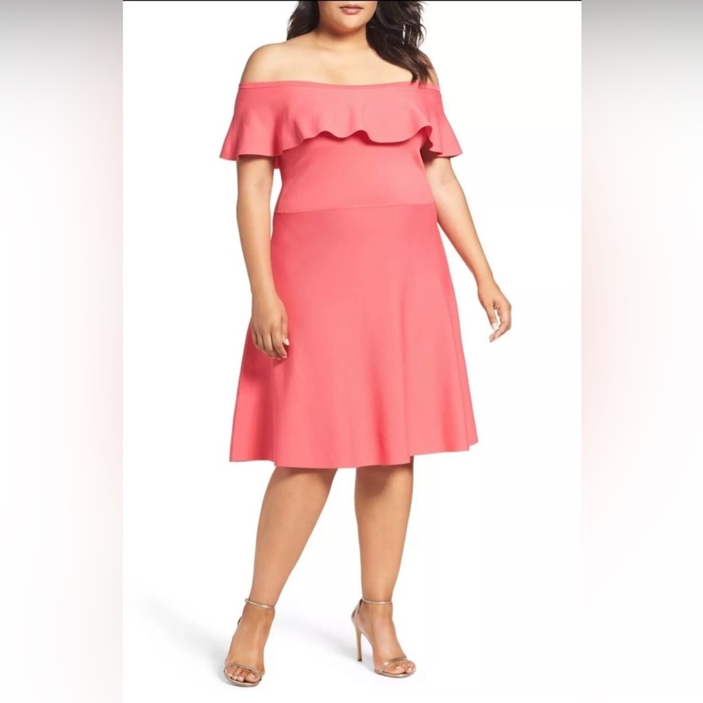 ELIZA J Off Shoulder Pink Dress 3X Plus Fit Flare Stretch Comfy Mini Short